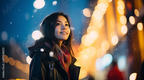 portrait of a woman in a night city, with city light bokeh in background.