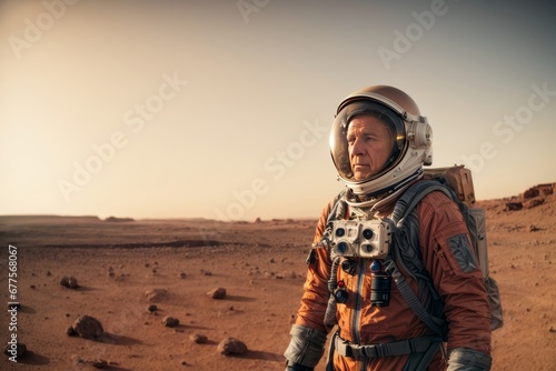 Close-up of an elderly male astronaut wearing an orange spacesuit in the planet Mars. Copy space. © liliyabatyrova