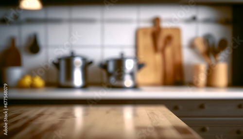 A kitchen with a wooden tabletop against a fuzzy background. Can be used to showcase or montage your products.