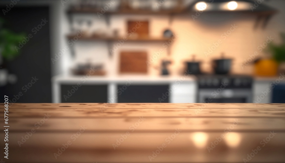 Wooden table top in a blurred kitchen room background. Can be used to showcase or montage your products. Wooden table top in a blurred kitchen room background. Can be used to showcase or montage your products.