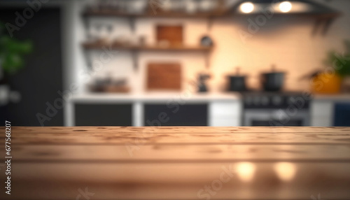 Wooden table top in a blurred kitchen room background. Can be used to showcase or montage your products. © Much