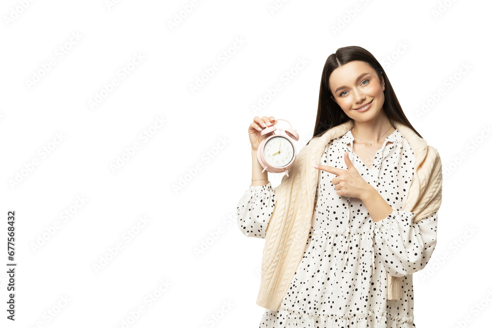 PNG,attractive girl with alarm clock, isolated on white background PNG,attractive girl with alarm clock, isolated on white background