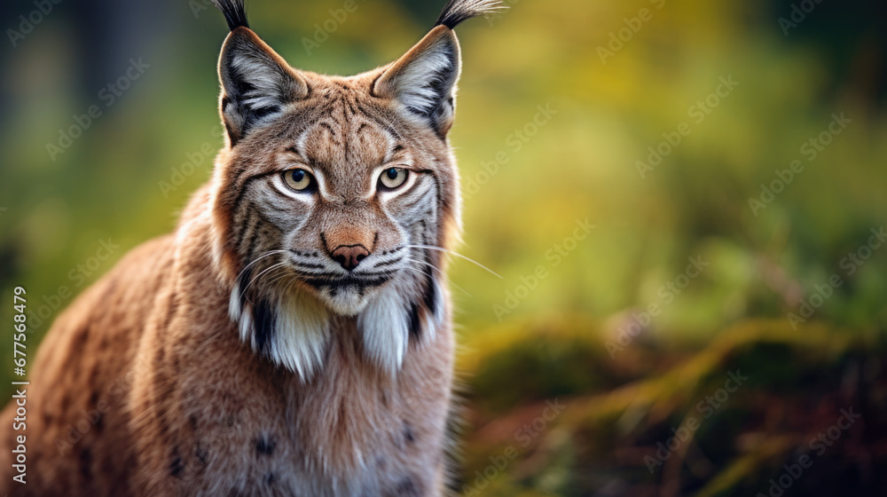 Fototapeta premium Lynx in winter. Young Eurasian lynx, walks in snowy beech forest. Beautiful wild cat in nature