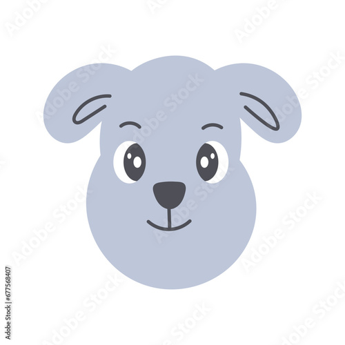 Cute puppy face vector illustration. Funny childish vector illustration of a gray dog with big eyes on white background. Character design. Hand drawn style
