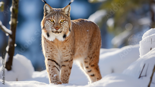 Lynx in winter. Young Eurasian lynx, walks in snowy beech forest. Beautiful wild cat in nature