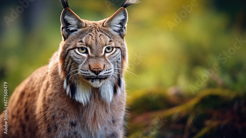 Lynx in winter. Young Eurasian lynx, walks in snowy beech forest. Beautiful wild cat in nature photo