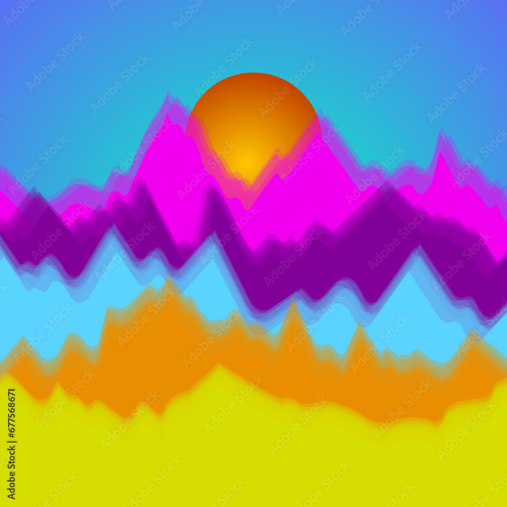Vector colorful landscape with silhouettes of mountains and sun. Abstract nature background. Vector illustration