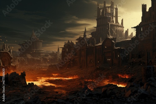 post apocalyptic ruined city with dark destroyed buildings and roads