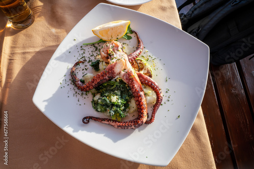 Grilled octopus on a plate with mashed potatoes and spinach garnish served in a traditional seafood restaurant in Montenegro. Grilled octopus on a table. photo