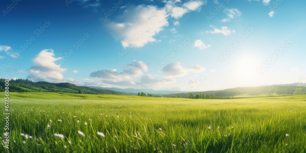 Beautiful panoramic landscape of a green field with grass against a blue sky with sun. Spring summer nature background. Beautiful panoramic landscape of a green field with grass against a blue sky with sun. Spring summer nature background.