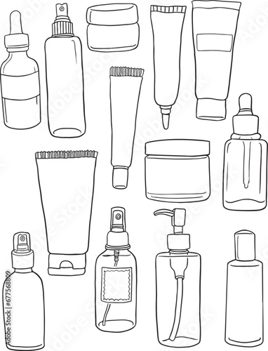 Empty cosmetics containers: bottles with spray, dispenser and dropper, cream jar, vial, flagon, tube. Set vector blank templates. Sketch style ink pen packages for decorative cosmetics. vector set