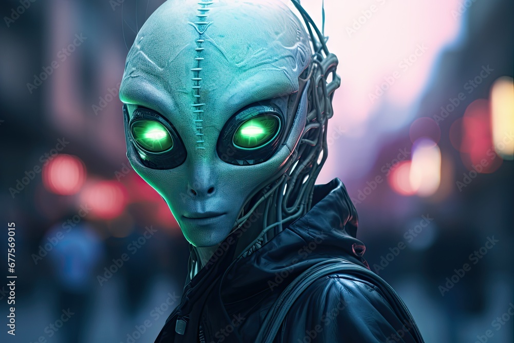 Alien on the streets of a big city on a misty evening by Generative AI Alien on the streets of a big city on a misty evening by Generative AI