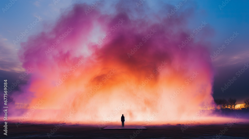 Silhouette of person in front of a colorful illuminated cloud of smoke