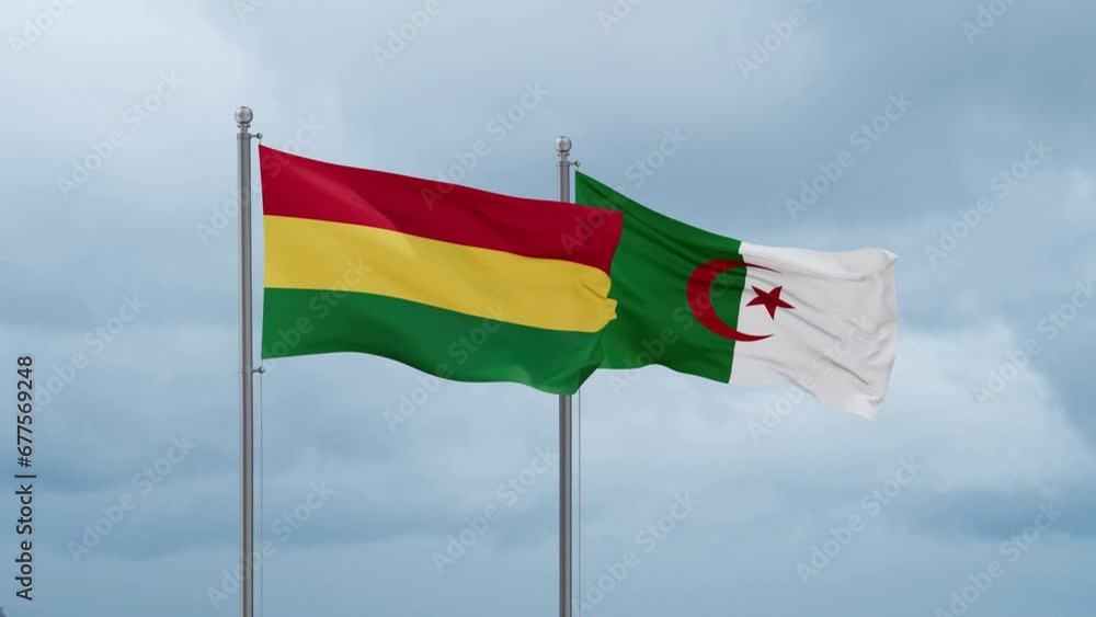 Bolivia flag and Algeria flag waving together on cloudy sky, endless seamless loop Bolivia flag and Algeria flag waving together on cloudy sky, endless seamless loop