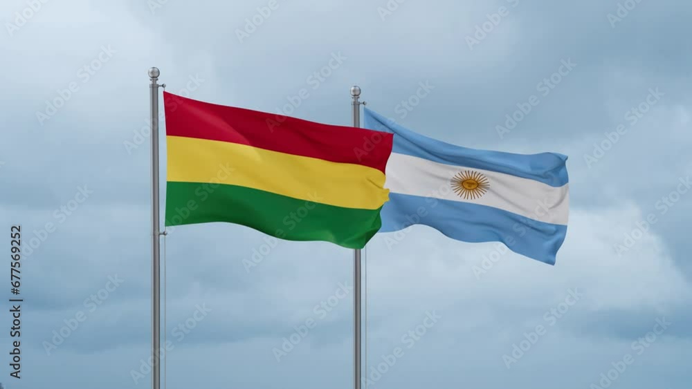 Argentina flag and Bolivia flag waving together on cloudy sky, endless seamless loop, two country relations concept Argentina flag and Bolivia flag waving together on cloudy sky, endless seamless loop, two country relations concept