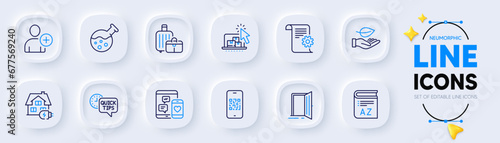 Vocabulary, Chemistry lab and Technical documentation line icons for web app. Pack of Quick tips, Add user, Qr code pictogram icons. Baggage, Home charging, Social media signs. Leaf. Vector