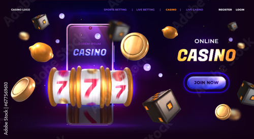 Online casino landing page. Banner with jackpot slot machine, neon smartphone and flying golden coins on dark background. Lucky fortune, slots game with prize icons. Gambling website template.