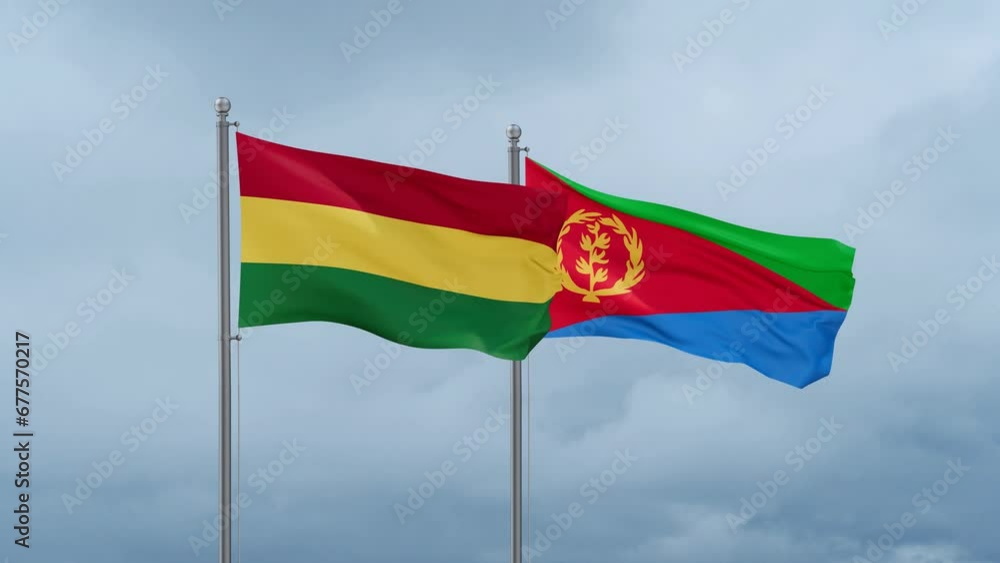 Eritrea and Bolivia flag waving together on cloudy sky, endless seamless loop, two country cooperation concept Eritrea and Bolivia flag waving together on cloudy sky, endless seamless loop, two country cooperation concept