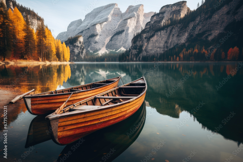 Wooden Boats on the Braies Lake, Pragser Wildsee, in Dolomites mountains, Sudtirol, Italy,autumn
