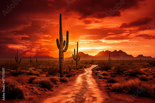 A desert landscape with dunes, a blazing sun, and cactus. The golden sands stretch to the horizon. © Ksenia Belyaeva