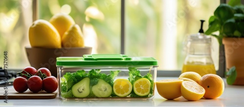 Kids develop healthy habits by packing a nutritious lunch box with a background of green apples vegetables and fruits while ensuring they drink enough water at school to keep children energ