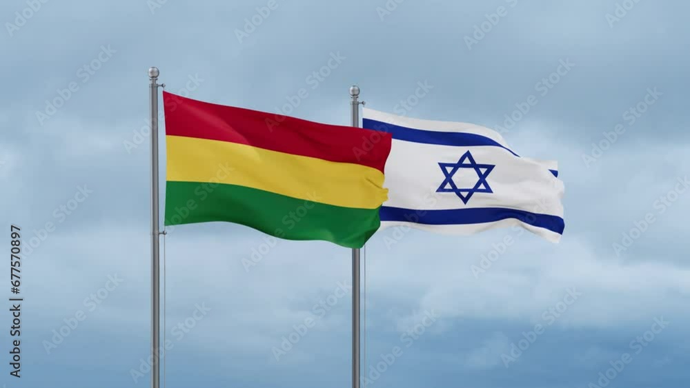 Israel flag and Bolivia flag waving together on cloudy sky, endless seamless loop, two country relations concept Israel flag and Bolivia flag waving together on cloudy sky, endless seamless loop, two country relations concept