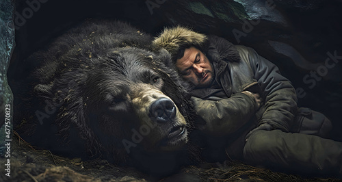 Fotografia man hibernating with bear. AI generated.