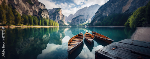 Wooden Boats on the Braies Lake, Pragser Wildsee, in Dolomites mountains, Sudtirol, Italy,Summer photo