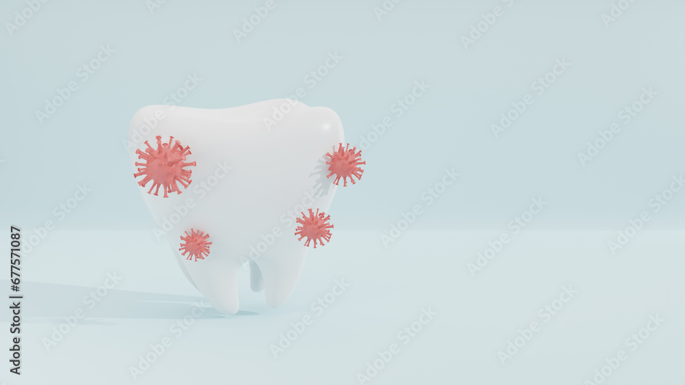 3D tooth Tooth bacterial infection and teeth decay disease for children dental clinic, dental hygiene on light blue background. 3d rendering. 3D tooth Tooth bacterial infection and teeth decay disease for children dental clinic, dental hygiene on light blue background. 3d rendering.