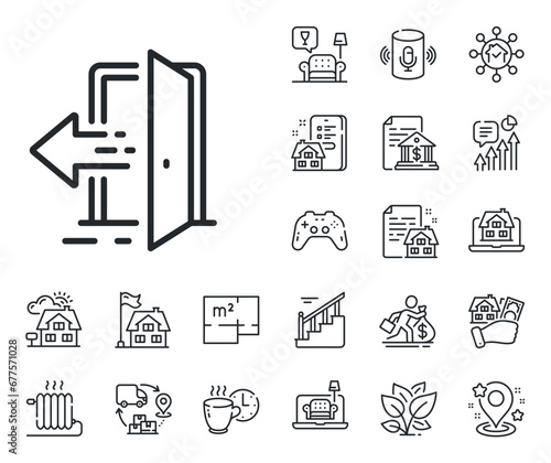 Entry door sign. Floor plan, stairs and lounge room outline icons. Entrance line icon. Building exit symbol. Entrance line sign. House mortgage, sell building icon. Real estate. Vector