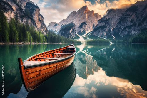 Wooden Boats on the Braies Lake, Pragser Wildsee, in Dolomites mountains, Sudtirol, Italy,Summer