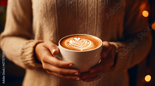 Woman holding a cup of hot latte coffee on the wooden table