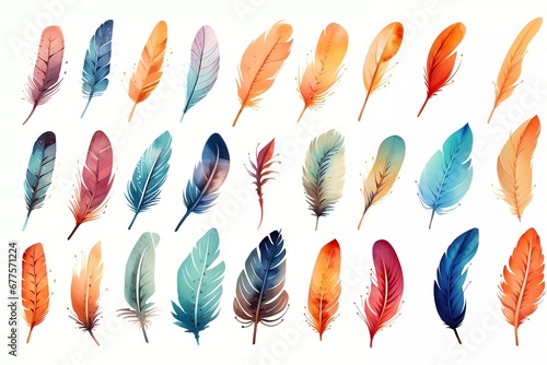 watercolor feather illustration, collection of colorful watercolor feathers. generative ai © KBL Sungkid
