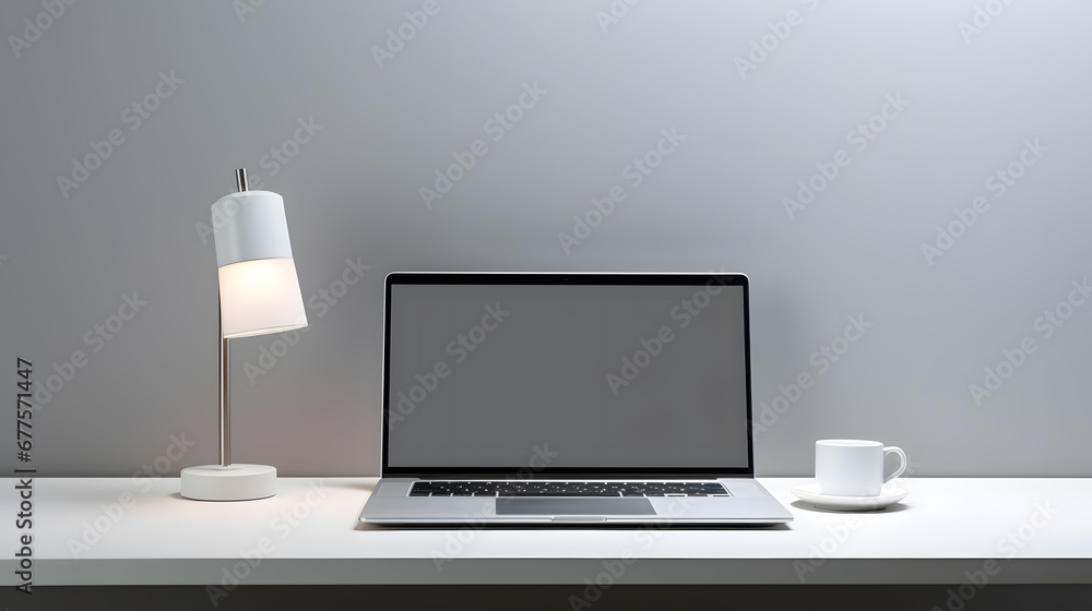 Laptop computer with blank screen on desk in modern home or office interior mock up Laptop computer with blank screen on desk in modern home or office interior mock up