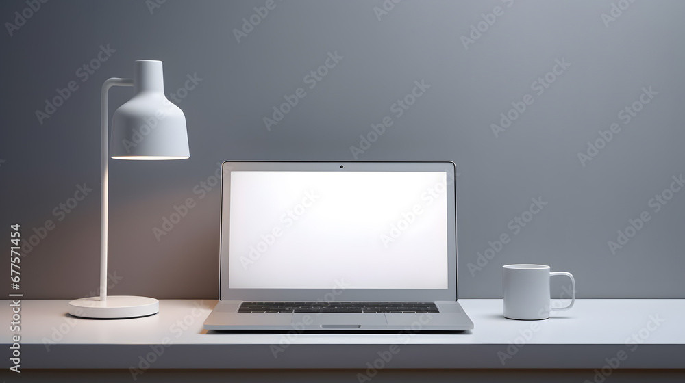 Laptop computer with blank screen on desk in modern home or office interior mock up Laptop computer with blank screen on desk in modern home or office interior mock up