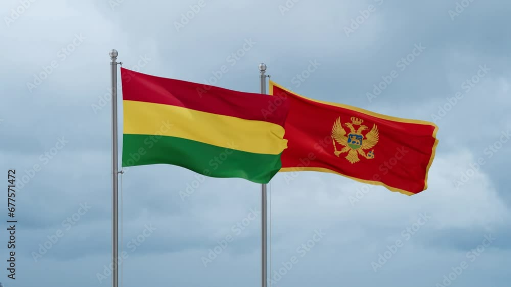 Montenegro and Bolivia flag waving together on cloudy sky, endless seamless loop, two country cooperation concept Montenegro and Bolivia flag waving together on cloudy sky, endless seamless loop, two country cooperation concept