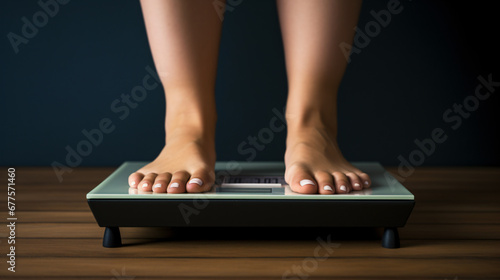 Womans feet weighing on scales. weight loss self car