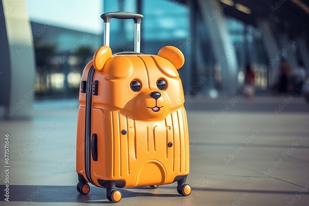 Dog shaped kids travel suitcase in airport during vacation. Kids travel and adventure concept. Travel concept, Generative AI