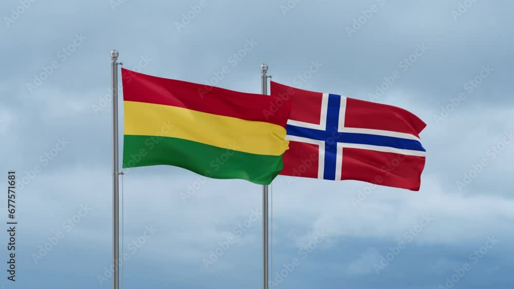 Norway flag and Bolivia flag waving together on cloudy sky, endless seamless loop, two country relations concept Norway flag and Bolivia flag waving together on cloudy sky, endless seamless loop, two country relations concept