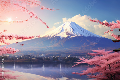 Mountain Fuji Landscape and red leaves at lake Kawaguchiko is one of the best and most beautiful places in Japan. Generative Ai