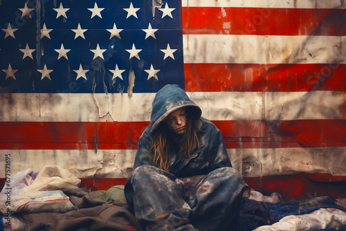 
 homeless woman  on the street in the USA on the background the American flag. American homeless. American dream photo