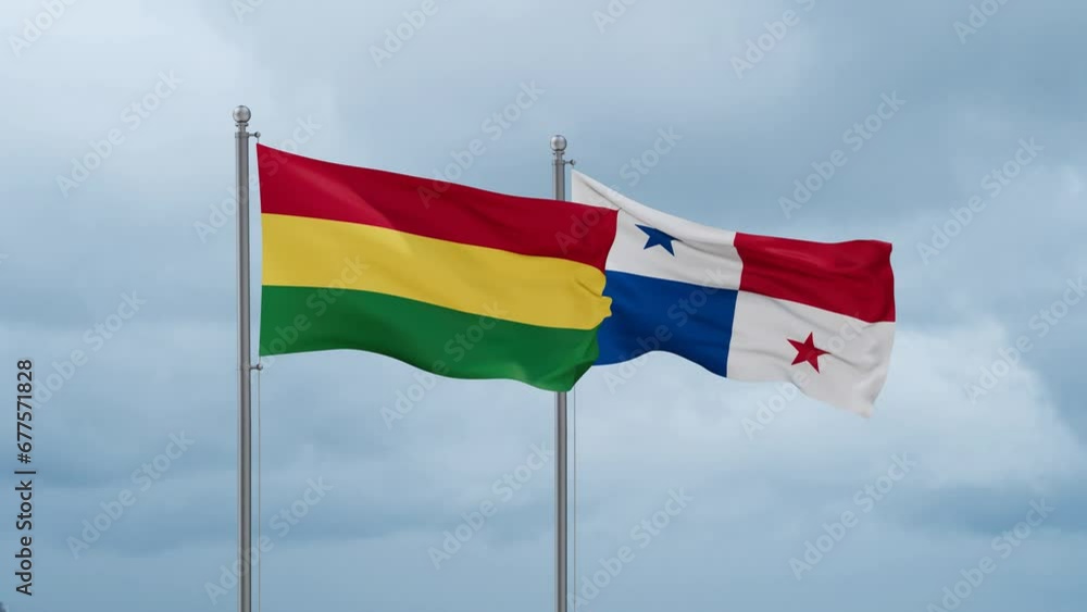 Panama flag and Bolivia flag waving together on cloudy sky, endless seamless loop, two country relations concept Panama flag and Bolivia flag waving together on cloudy sky, endless seamless loop, two country relations concept