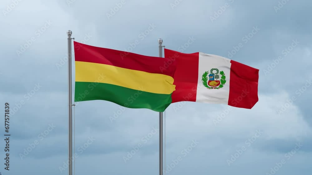 Peru and Bolivia flag waving together on cloudy sky, endless seamless loop, two country cooperation concept Peru and Bolivia flag waving together on cloudy sky, endless seamless loop, two country cooperation concept