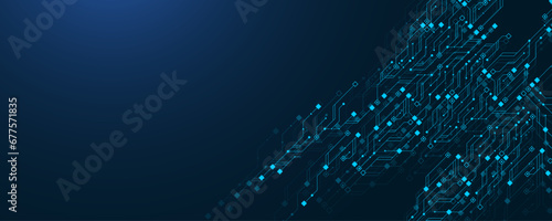 Technology modern blue horizontal banner template with circuit board texture. Quantum computer technologies concept. Horizontal header web banner, poster, cover, flyer, brochure, website presentation.