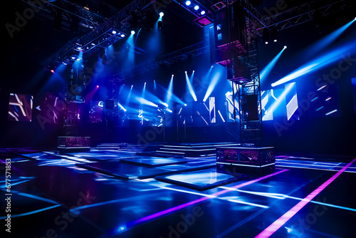 LED panels stage, holographic displays, and sleek metallic structures define the modern aesthetic. Laser lights. A concert stage neon lights.