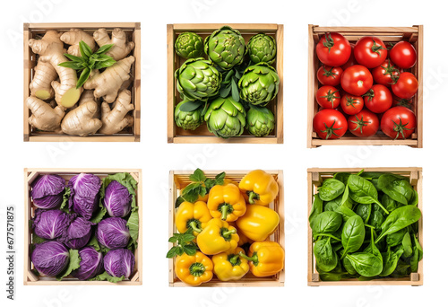 Vegetables and fruits in the wood box on background isolated, close up collection of organic fresh fruits and vegetables for healthy food, well being theme photo