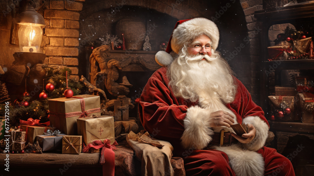 Vintage Santa Claus sitting in a room next to the fireplace and Christmas gifts, holiday concept