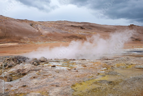 Active geothermal fumarole in Iceland. Geothermal zone with a unique landscape of sulfur reservoirs