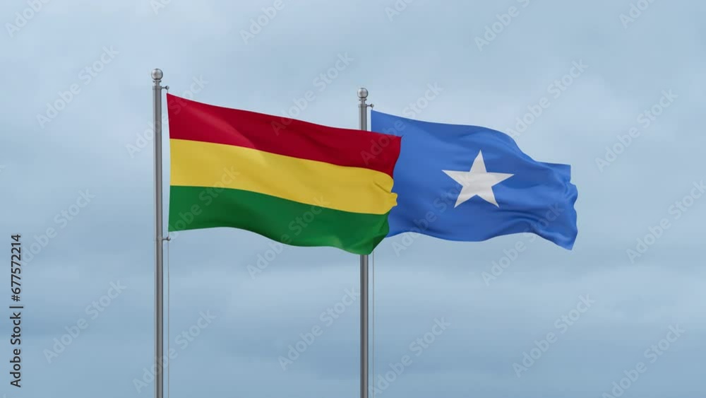 Somalia and Bolivia flag waving together on cloudy sky, endless seamless loop, two country cooperation concept Somalia and Bolivia flag waving together on cloudy sky, endless seamless loop, two country cooperation concept