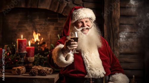 Vintage Santa Claus in a room with fireplace and Christmas gifts holding glass of wine, holiday